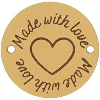 Leren Label Made with Love rond 3,5cm. Verpakt per zakje &agrave; 2 stuks.