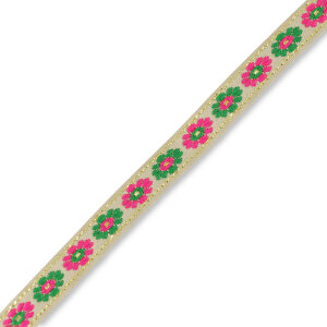 Lint met bloemetjes Beige-green-pink (per rol 5 meter)
